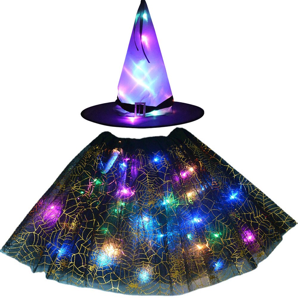 Adult Kids Light Up Witch Hat Spider Web Cobweb Skirt Party LED Princess Christmas Tree Costume Magic Wand Festival Halloween