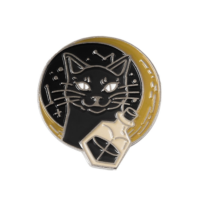 Bad Witch Needle Crystal Ball Handmade Black Cat Skull Retro Enamel Pin Brooch Badge Decorative Cowboy Halloween Jewelry