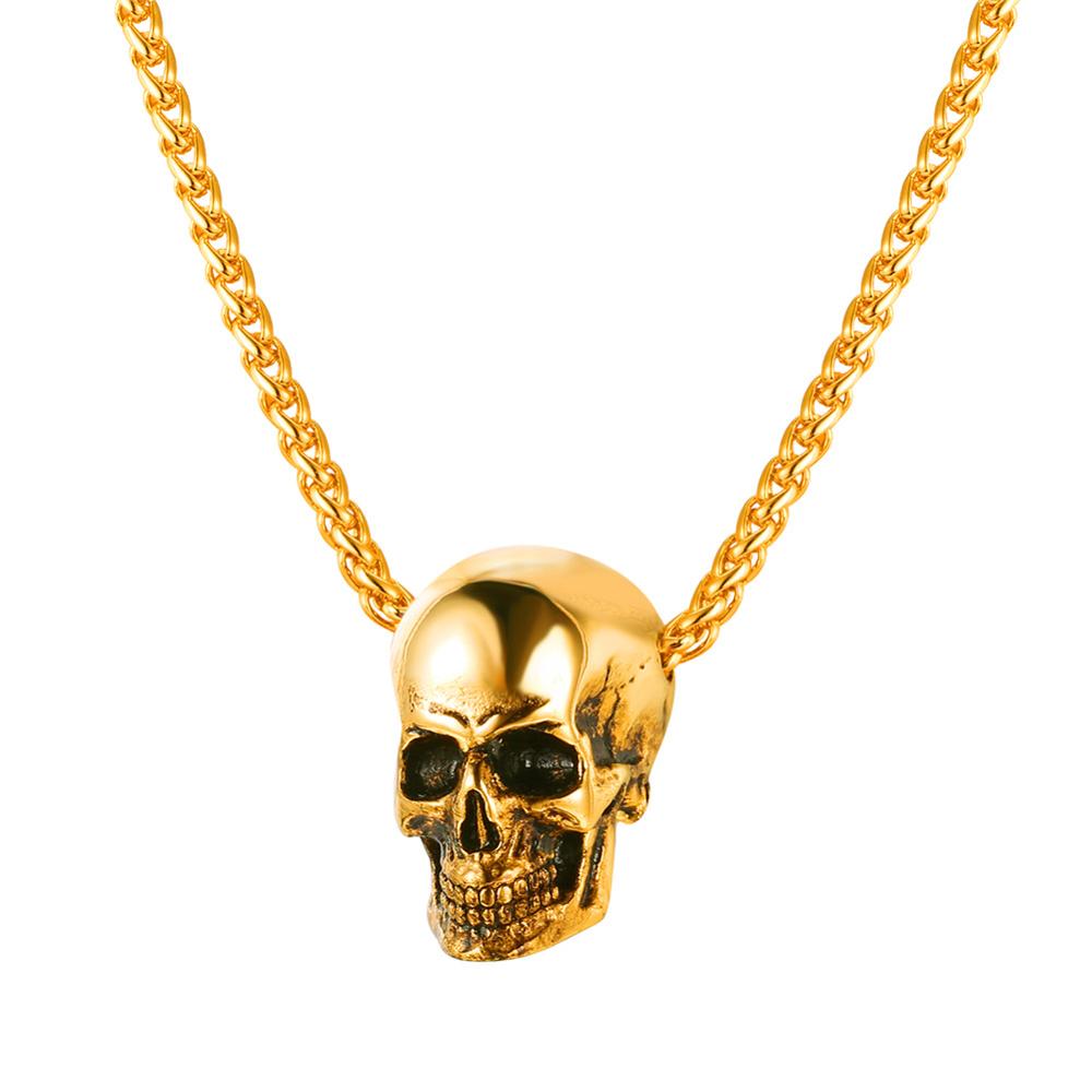 U7 Halloween Skull Necklace Pendant Skeleton Men Necklaces Gift Punk Gothic Goth Stainless Steel Mens Jewelry