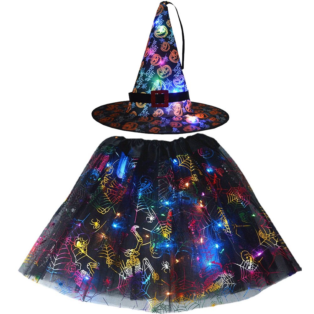 Adult Kids Light Up Witch Hat Spider Web Cobweb Skirt Party LED Princess Christmas Tree Costume Magic Wand Festival Halloween