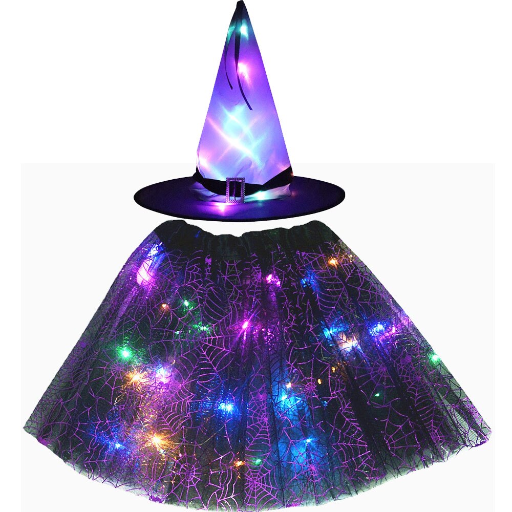 Adult Kids Light Up Witch Hat Spider Web Cobweb Skirt Party LED Princess Christmas Tree Costume Magic Wand Festival Halloween