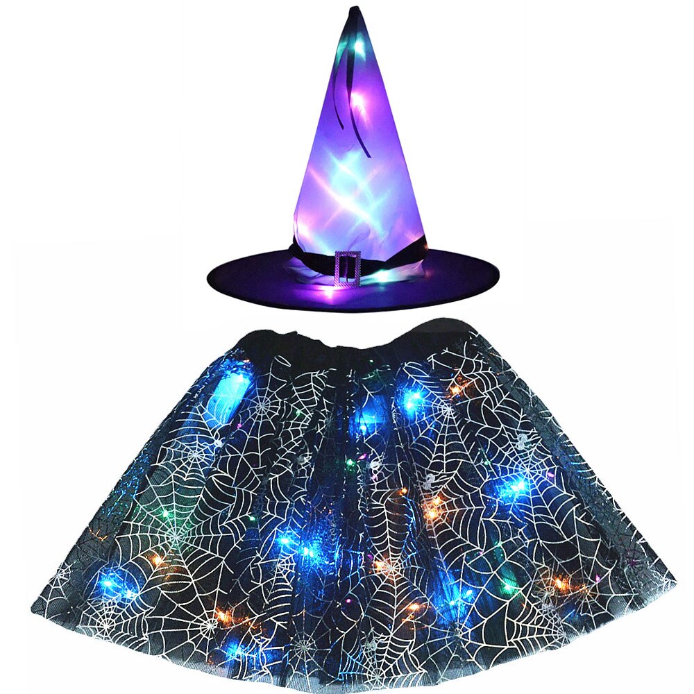 Adult Kids Light Up Witch Hat Spider Web Cobweb Skirt Party LED Princess Christmas Tree Costume Magic Wand Festival Halloween