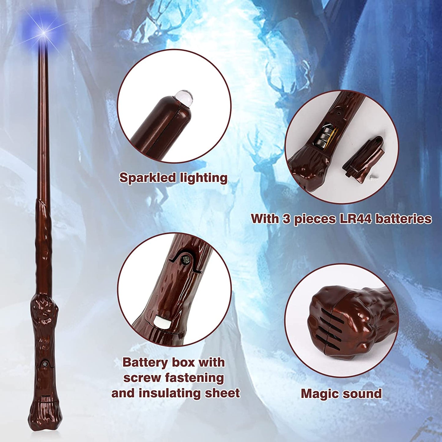 Light up Magic Wizard Wands Sound Illuminating Toy Wand for Kids Party Costume Cosplay Accessory 2 Piece Brown