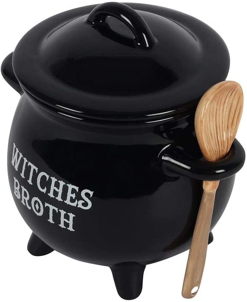 Witches Broth Cauldron Ceramic Bowl with Broom Spoon