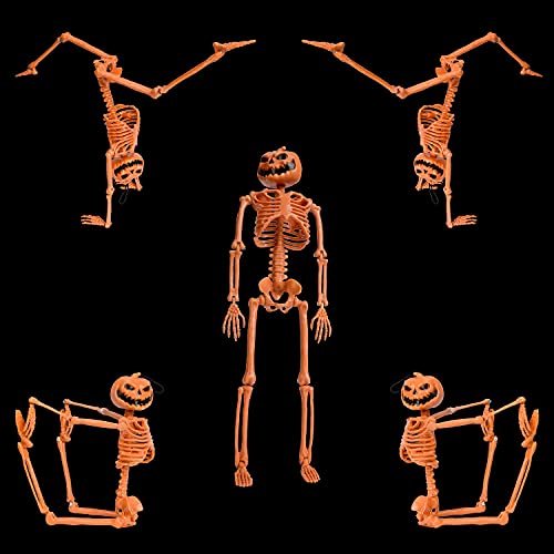 XONOR 14'' Posable Halloween Pumpkin Head Skeleton with Movable Joints for Halloween Decoration, 2Pcs Orange