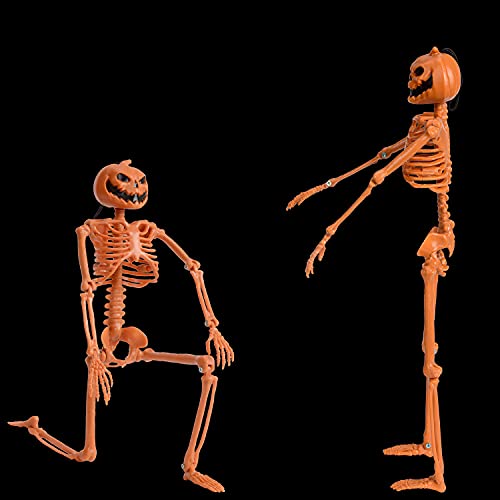 XONOR 14'' Posable Halloween Pumpkin Head Skeleton with Movable Joints for Halloween Decoration, 2Pcs Orange