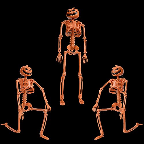 XONOR 14'' Posable Halloween Pumpkin Head Skeleton with Movable Joints for Halloween Decoration, 2Pcs Orange