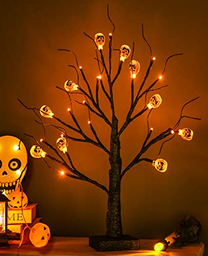 ZHOUDUIDUI Halloween Tree, Black Spooky Tree with 24LED Orange Lights and 10 Pumpkin Ornaments Battery Powered 18IN Lighted Halloween Bonsai Tree for Indoor Tabletop Halloween Party Decoration