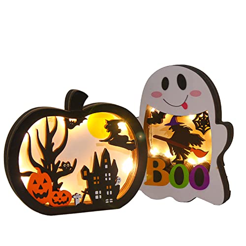 SULOLI Halloween Wooden Lighted Pumpkin for Tabletop, 2pcs Light Up Pumpkin Ghost Lamp Lantern Shadow Box Halloween Table Decorations Ornament