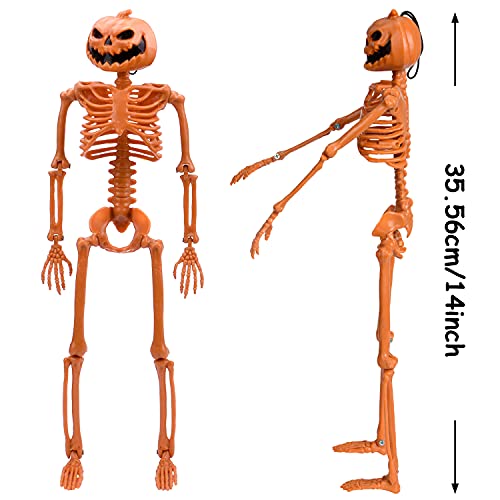 XONOR 14'' Posable Halloween Pumpkin Head Skeleton with Movable Joints for Halloween Decoration, 2Pcs Orange