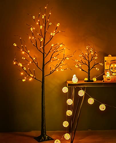 ZHOUDUIDUI Halloween Tree, Black Spooky Tree with 24LED Orange Lights and 10 Pumpkin Ornaments Battery Powered 18IN Lighted Halloween Bonsai Tree for Indoor Tabletop Halloween Party Decoration