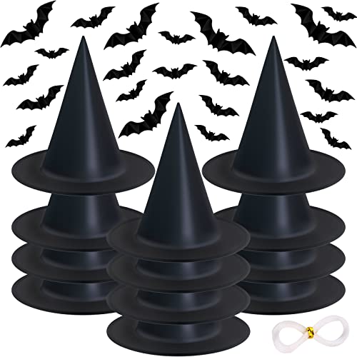 Tepoobea 12 Pack Halloween Witch Hat 32Pcs 3D Bats Decorations Halloween Costume Accessory Black Hanging Witch Hat for Halloween Party Decoration