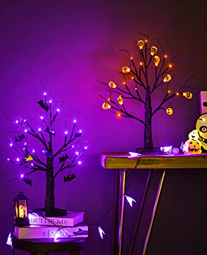 ZHOUDUIDUI Halloween Tree, Black Spooky Tree with 24LED Orange Lights and 10 Pumpkin Ornaments Battery Powered 18IN Lighted Halloween Bonsai Tree for Indoor Tabletop Halloween Party Decoration