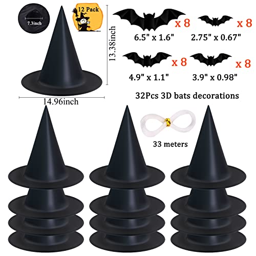 Tepoobea 12 Pack Halloween Witch Hat 32Pcs 3D Bats Decorations Halloween Costume Accessory Black Hanging Witch Hat for Halloween Party Decoration