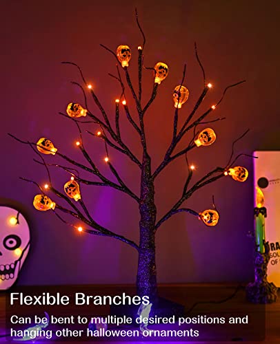 ZHOUDUIDUI Halloween Tree, Black Spooky Tree with 24LED Orange Lights and 10 Pumpkin Ornaments Battery Powered 18IN Lighted Halloween Bonsai Tree for Indoor Tabletop Halloween Party Decoration