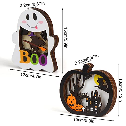 SULOLI Halloween Wooden Lighted Pumpkin for Tabletop, 2pcs Light Up Pumpkin Ghost Lamp Lantern Shadow Box Halloween Table Decorations Ornament