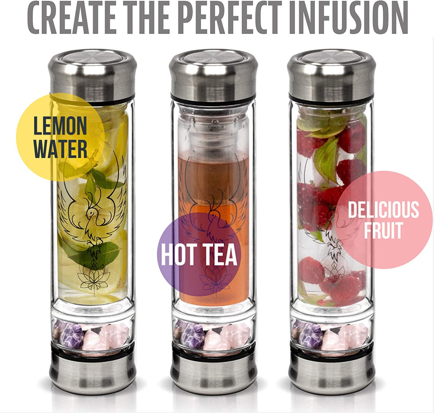 Phoenix Crystal Water Bottle, a Loose Leaf Tea Infuser Bottle, Double Wall Glass for Hot and Cold Drinks. Large Rose Quartz Crystal and Amethyst Stone. Eco-Friendly & Relaxing Gifts for Women (Steel Grey)