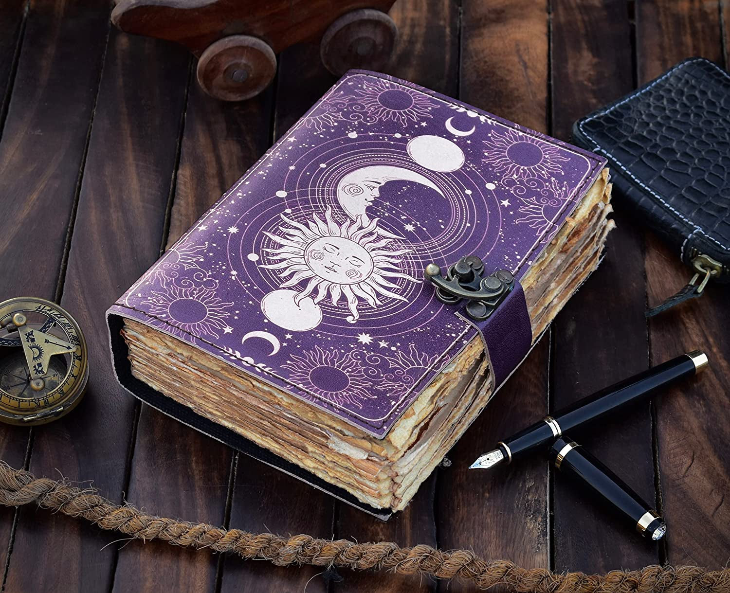 Sun & Moon Vintage Leather Journal for Men & Women Deckle Edge Vintage Paper, Book of Shadows, Grimoire Journal, Spell Book, Leather Sketchbook, Drawing Journal, Journal for Writing, Great Gift 7X5 Inch