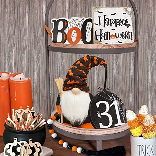 Halloween Decor - Halloween Decorations - BOO Happy Halloween Wooden Signs - Cute Gnomes Plush and Bead Garland - Farmhouse Rustic Tiered Tray Decor Items for Home Table House Room