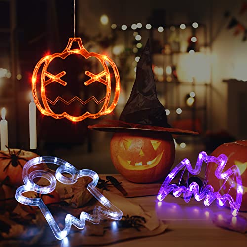 LOLStar Halloween Decorations 3 Pack Orange Pumpkin, White Ghost, Purple Bat Halloween Window Lights with Suction Cup, Battery Operated Halloween Lights, 2023 Upgrade Slow Fade and Mode Timer Function