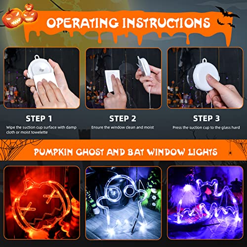 LOLStar Halloween Decorations 3 Pack Orange Pumpkin, White Ghost, Purple Bat Halloween Window Lights with Suction Cup, Battery Operated Halloween Lights, 2023 Upgrade Slow Fade and Mode Timer Function