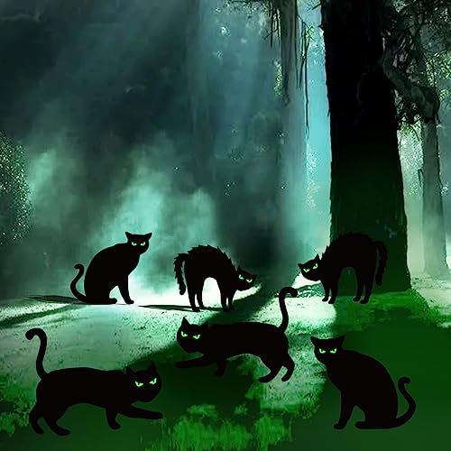 Ivenf Halloween Decorations Outdoor, 6ct Black Cat Decor Yard Signs with Stakes, Scary Silhouette with Glow in Dark Eyes, Corrugated Plastic, Waterproof Lawn Decorations for Kids Family Home Party