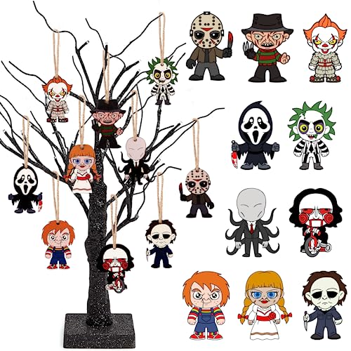 Halloween Decorations - Halloween Ornaments for Tree - Pack of 10 Wooden Hanging Horror Movie Ornaments for Halloween/Xmas Trees - Mini Halloween Tree Decorations