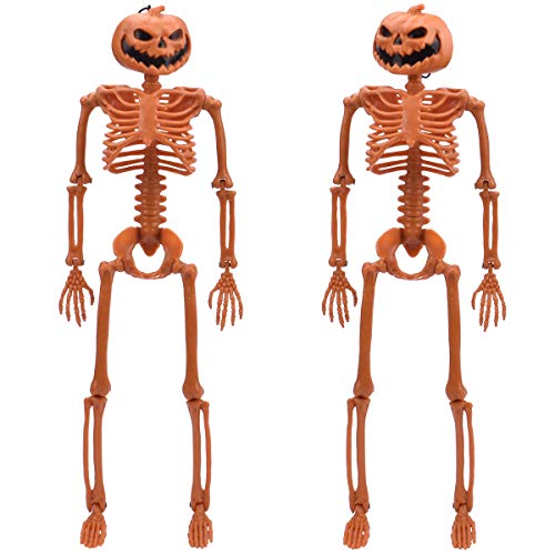 XONOR 14'' Posable Halloween Pumpkin Head Skeleton with Movable Joints for Halloween Decoration, 2Pcs Orange