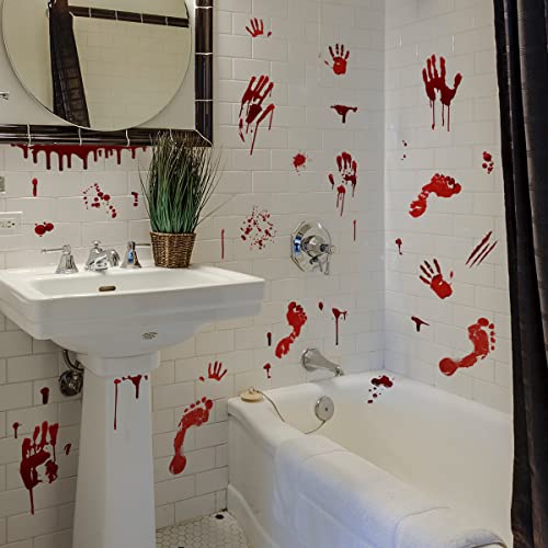 Halloween Bloody Handprint Footprint Window Stickers Wall Stickers for Halloween Party Decorations Inside Outside Decor Come with Plastic Scraper Tools