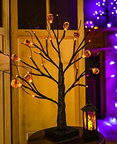 ZHOUDUIDUI Halloween Tree, Black Spooky Tree with 24LED Orange Lights and 10 Pumpkin Ornaments Battery Powered 18IN Lighted Halloween Bonsai Tree for Indoor Tabletop Halloween Party Decoration