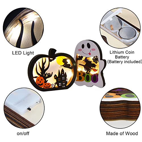 SULOLI Halloween Wooden Lighted Pumpkin for Tabletop, 2pcs Light Up Pumpkin Ghost Lamp Lantern Shadow Box Halloween Table Decorations Ornament