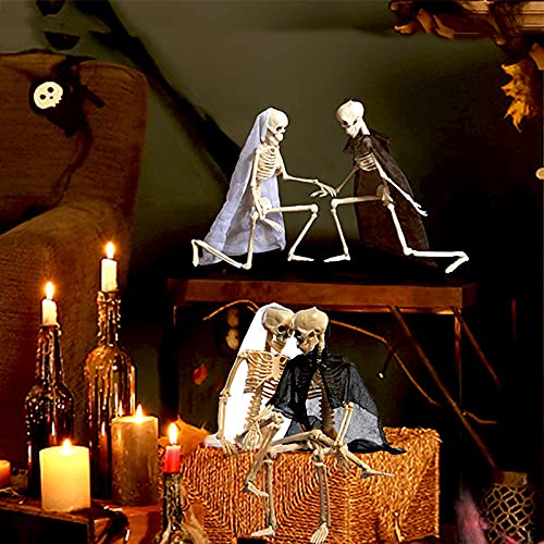 Halloween Skeletons, Full Body Posable Joints Skeletons for Decoration Bride Groom Halloween Party Favors Haunted House Accessories Indoor Outdoor Spooky Scene（2PCS）