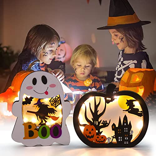 SULOLI Halloween Wooden Lighted Pumpkin for Tabletop, 2pcs Light Up Pumpkin Ghost Lamp Lantern Shadow Box Halloween Table Decorations Ornament