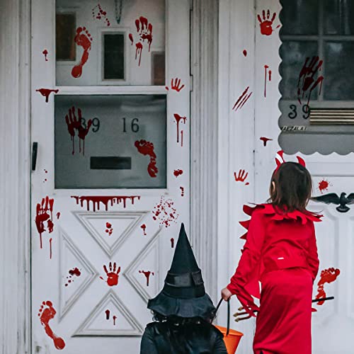 Halloween Bloody Handprint Footprint Window Stickers Wall Stickers for Halloween Party Decorations Inside Outside Decor Come with Plastic Scraper Tools