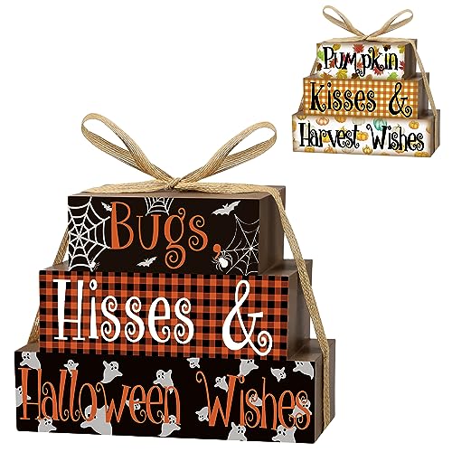 Reversible Fall Halloween Decorations Wooden Sign, Vintage Double-Sided Fall Halloween Farmhouse Table Decor, Fall Halloween Festive Haunted House Decor for Mantle Tabletop Centerpiece Desk Shelf