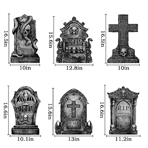 Halloween Decorations Outdoor Graveyard Tombstones: 6ct Large Tombstones Halloween Decor Yard Signs with Stakes, 16" Tall Realistic Scary Skeleton RIP Gravestones Yard Lawn Outside for Kids Home Party