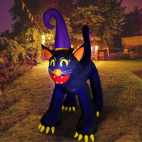 MorTime Halloween Inflatable Black Cat, Lighted Halloween Blow Up Prop with LED Lights, Giant Black Cat Halloween Decorations for Outdoor Yard Lawn Garden Party Décor (6.4 FT Black Cat with Witch Hat)