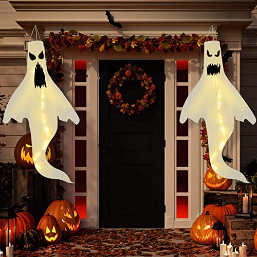 Halloween Ghost Windsock Hanging Decorations, 2 Pcs 32 Inch Outdoor White Ghost Halloween Tree Flag Windsock Spooky Ghost for Halloween Outdoor Lawn Decor Tree Pilar Decorations, Ghost Party Supplies