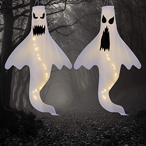 Halloween Ghost Windsock Hanging Decorations, 2 Pcs 32 Inch Outdoor White Ghost Halloween Tree Flag Windsock Spooky Ghost for Halloween Outdoor Lawn Decor Tree Pilar Decorations, Ghost Party Supplies