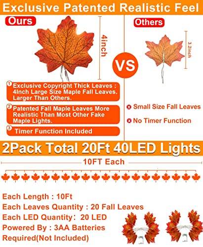 [Timer] 2 Pack Fall Garland Total 20Ft 40 LED, Thick Maple Leaves Lifelike Garland Fall String Lights Battery Operated Thanksgiving Fall Halloween Decorations for Home Mantle Autumn Indoor Outdoor