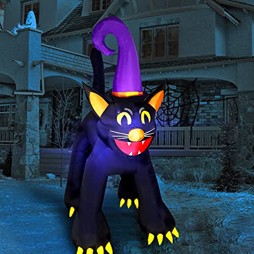 MorTime Halloween Inflatable Black Cat, Lighted Halloween Blow Up Prop with LED Lights, Giant Black Cat Halloween Decorations for Outdoor Yard Lawn Garden Party Décor (6.4 FT Black Cat with Witch Hat)