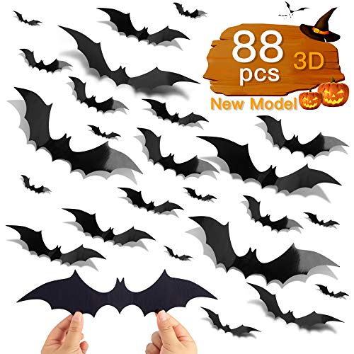 Bats Wall Decor, 88 Pcs DIY 3D Bats Halloween Decorations, 4 Different Sizes PVC Bat Stickers for Home Decor/Indoor Party Decorations, Double-Sided Adhesive Included