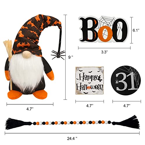 Halloween Decor - Halloween Decorations - BOO Happy Halloween Wooden Signs - Cute Gnomes Plush and Bead Garland - Farmhouse Rustic Tiered Tray Decor Items for Home Table House Room