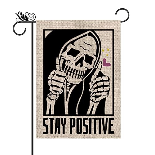 Halloween Garden Flag Stay Positive Vertical Double Sided Skeleton Halloween Holiday Yard Lawn Home Outdoor Decor 12.5x18 Inch