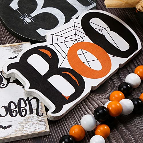 Halloween Decor - Halloween Decorations - BOO Happy Halloween Wooden Signs - Cute Gnomes Plush and Bead Garland - Farmhouse Rustic Tiered Tray Decor Items for Home Table House Room