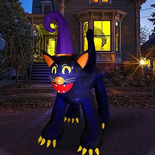 MorTime Halloween Inflatable Black Cat, Lighted Halloween Blow Up Prop with LED Lights, Giant Black Cat Halloween Decorations for Outdoor Yard Lawn Garden Party Décor (6.4 FT Black Cat with Witch Hat)