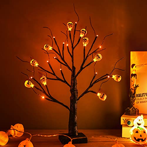 ZHOUDUIDUI Halloween Tree, Black Spooky Tree with 24LED Orange Lights and 10 Pumpkin Ornaments Battery Powered 18IN Lighted Halloween Bonsai Tree for Indoor Tabletop Halloween Party Decoration