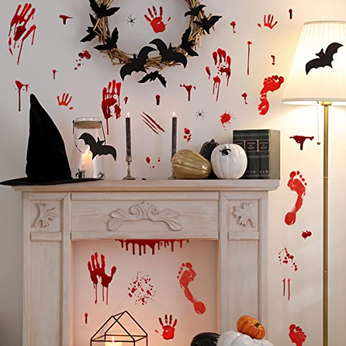 Halloween Bloody Handprint Footprint Window Stickers Wall Stickers for Halloween Party Decorations Inside Outside Decor Come with Plastic Scraper Tools