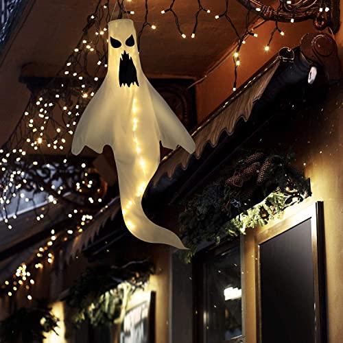 Halloween Ghost Windsock Hanging Decorations, 2 Pcs 32 Inch Outdoor White Ghost Halloween Tree Flag Windsock Spooky Ghost for Halloween Outdoor Lawn Decor Tree Pilar Decorations, Ghost Party Supplies