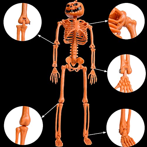 XONOR 14'' Posable Halloween Pumpkin Head Skeleton with Movable Joints for Halloween Decoration, 2Pcs Orange